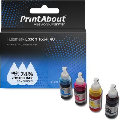 PrintAbout Huismerk Inktcartridge T664140 4-kleuren Voordeelbundel | Compatibel met Epson EcoTank printers | 27000 pagina's