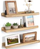 Merkloos Wandrekken met lijst - 42,9 cm - Houten fotorek - Rustieke zwevende planken - Set van 3 voor opslag en presentatie - Gecarboniseerd zwart