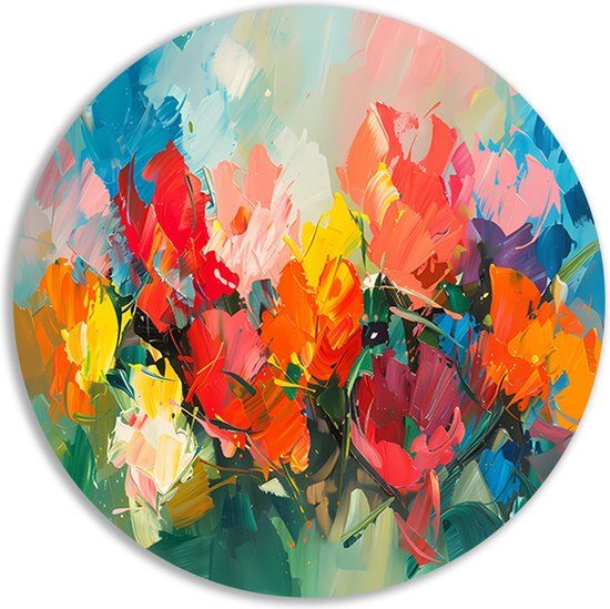 Merkloos / Sans marque Rond Aluminium Schilderij - Bloemen - 50x50cm - Muurdecoratie