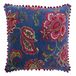 Riva Paoletti Malisa vierkante kussenhoes - rookblauw - Paisley Indiase print - faux fluwelen stof - roze pompon randen - machinewasbaar - 100% katoen - 50 x 50 cm