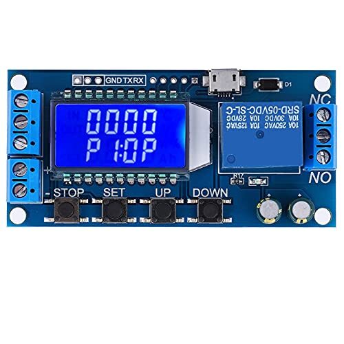 Fafeicy Tijdvertragingsrelaismodule, 5 V, 12 V, 24 V, 0,01s-999 min, vertraging uit cyclus, timer, met LCD-display, noodstopfunctie met één knop (stopknop)