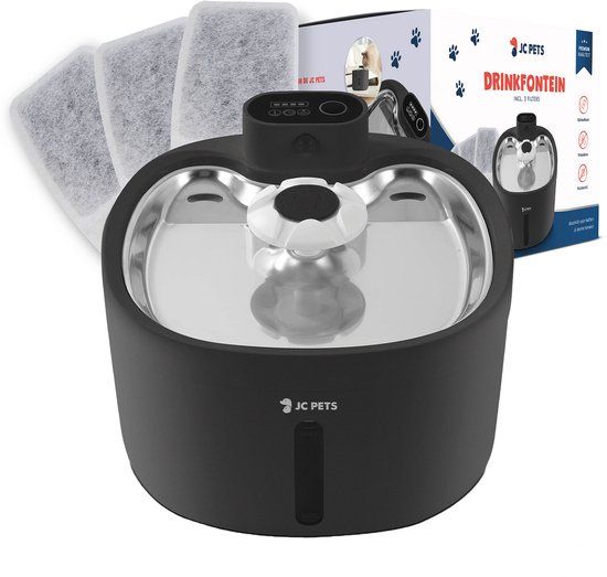 JC Pets Premium Drinkfontein voor Kat en Hond - Draadloze Waterfontein met Sensor - Katten Fontein - Waterbak Automatisch - RVS - Fluisterstil - Inclusief 3 filters - Zwart