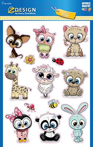 Avery Kinderstickers - Extra Groot - Dierbabies - Met Glitter - 13 Stickers