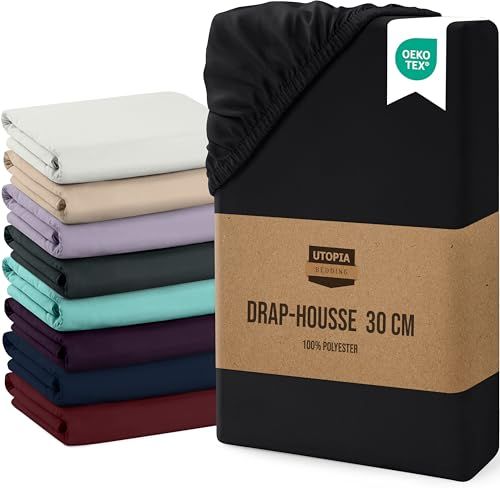 Utopia Bedding Set van 1 hoeslakens van geborstelde microvezel, 30 cm diepe hoeken, 180 x 200 cm, zwart