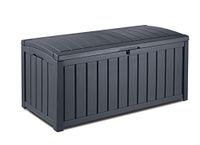 Keter Glenwood Kussenbox, 390 liter volume, waterdicht, grafiet, houtlook, zitbank voor 2 volwassenen, 128 x 65 x 61 cm, tuinbox