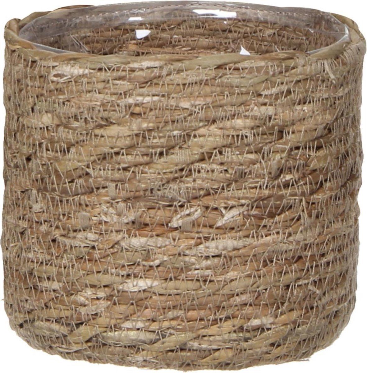 Mica Decorations Naturel bruin rotan planten/bloemen pot mand van gedraaid jute/riet/zeegras H14 en D14 cm - Met plastic binnenkant
