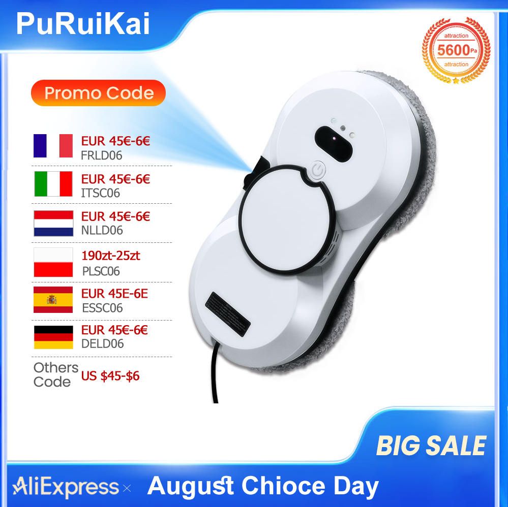 PuRuiKai Robot Window Cleaner, 5600Pa Window Cleaner Robot, afstandsbediening, 3 reinigingsmodi, intelligente randbewaking