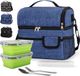 Sac isotherme isolé sans marque 10L - Compartiments doubles - Sac à lunch réfrigérant pour école, pique-nique, travail - Comprend 2 boîtes à lunch et un ensemble de couverts en acier inoxydable (Bleu)