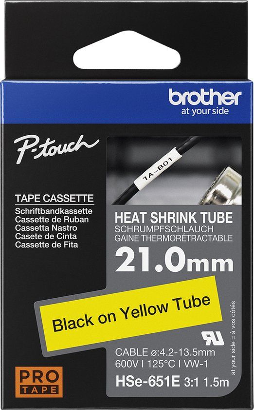 Brother HSE651E Labeltape - Geel op Zwart - 21mm - 1.5m