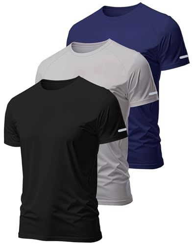 Hioutdoor Sport T-shirts voor heren, 3 of 5 stuks, functioneel shirt, fitness, korte mouwen, ademend, sneldrogend, trainingsshirt, loopshirt, bodybuilding, zwart/grijs/donkerblauw