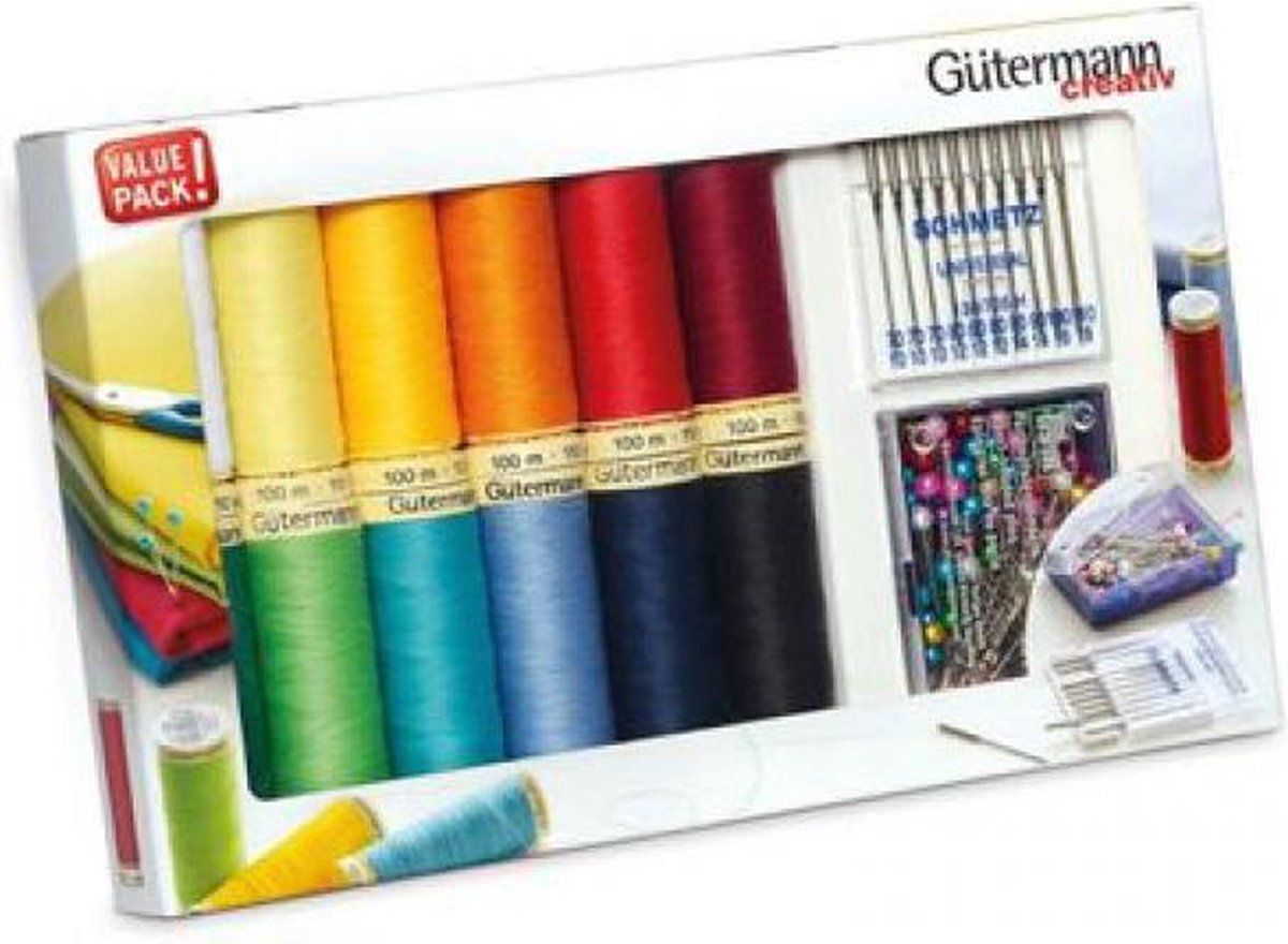 Gutermann Gütermann 734563 Allesnaaigaren set 12 spoelen assorti, spelden en naaimachinenaalden