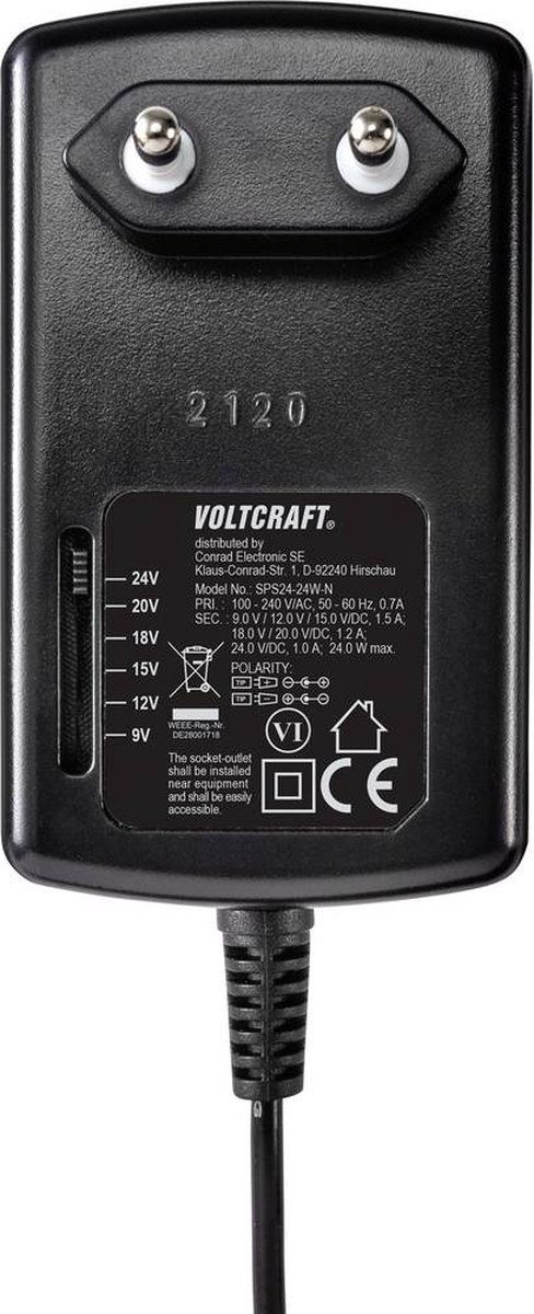 VOLTCRAFT VC-11335620 Stekkernetvoeding, instelbaar 9 V/DC, 12 V/DC, 15 V/DC, 18 V/DC, 20 V/DC, 24 V/DC 1.5 A 24 W Uitgangsspanning regelbaar