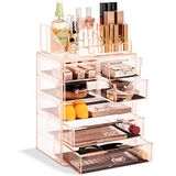 Sorbus transparante make up organizer, cosmetica en sieraden opbergdoos met 3 grote en 4 kleine lades, ideaal voor kaptafel, badkamer of aanrecht [roze]