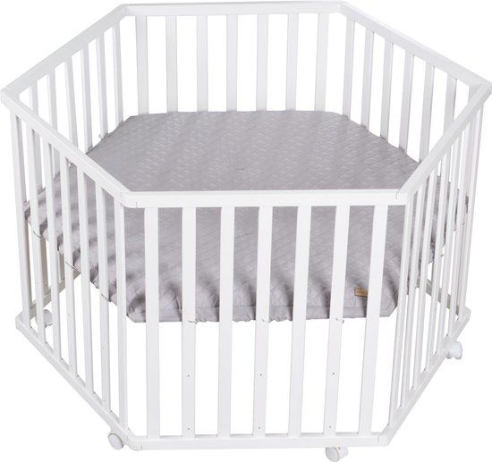 Roba Style Playpen - White - Hexagon - Adjustable Height - Wooden - 100cm Diameter - 15kg Max Weight - With Wheels - 2 Year Warranty