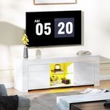 REDOM TV-meubel 120x34x45 cm van glas en hoogglans wit, met RGB LED-verlichting en kabeldoorvoer