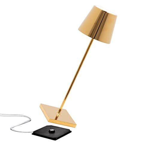 Zafferano Poldina Pro Draadloze LED Tafellamp Oplaadbaar, Touch-Dimmer, Lange Levensdruu, met USB-Multi-Oplader (EU,VK,VS) H38cm Aluminium behuizing met glanzende galvanische afwerking - Goud