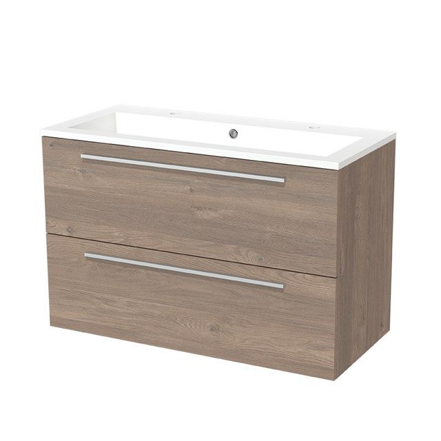 Maxaro Badkamermeubel 100cm Modulo Middenbruin Eiken 2 lades Vlak Wastafel Mineraalmarmer