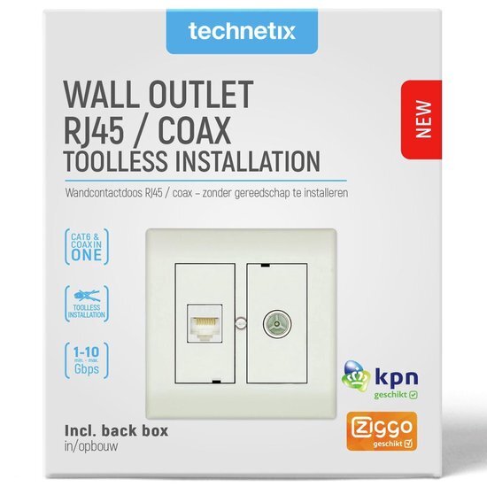 Technetix CL50 Coax IEC M + RJ45 Complete Walloutlet Toolless Install