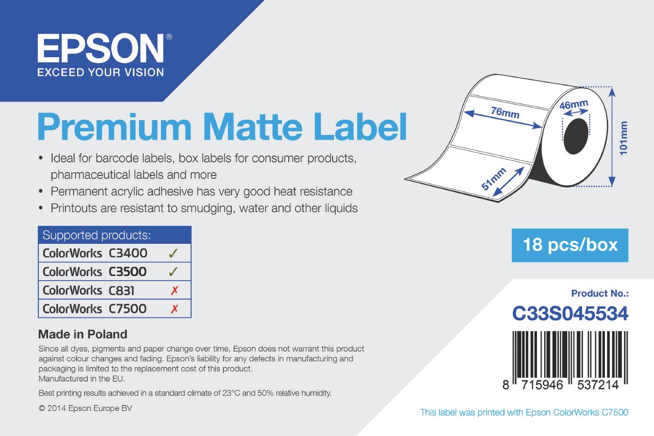 Epson Premium Matte Label - Die-cut Roll - 76mm x 51mm - 650 labels - White