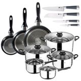San Ignacio 3-delige pannenset, 16-20-24 cm, van geperst aluminium + kookgerei, 8-delig: 2 pannen Ø16 en Ø18; pannen Ø20, Ø24 en Ø28 + keukenmessenset