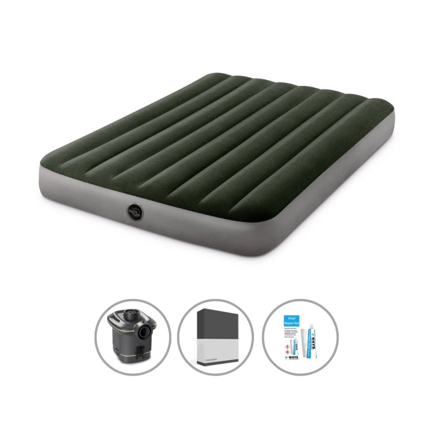 Intex Luchtbedset - Twijfelaar - 137 x 191 x 25 cm - Groen - Met pomp + Hoeslaken Wit + Reparatieset
