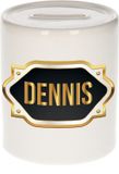 Bellatio Decorations Shoppartners Bv Spaarpot met voornaam Dennis - wit - met goud/zwart embleem - 8 x 9 cm - keramiek - met afsluitdop - cadeau verjaardag