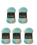Moonlight Wollbiene Moonlight Glitter Batik Simli Breiwol, 5 x 100 g, 500 gram voor Breien en Haken, 20% Wol, Metallic, Turks, Kleurverloop, Glitter (4050 Turquoise, Grijs, Beige)