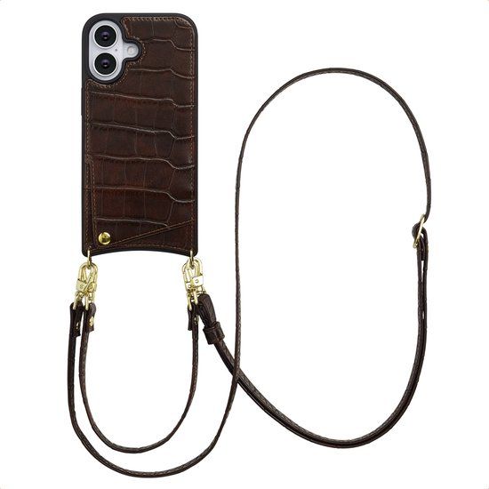 Selencia Hoesje - Geschikt voor Apple iPhone 17 - Croco Backcover met koord en pashouder - Choco Brown