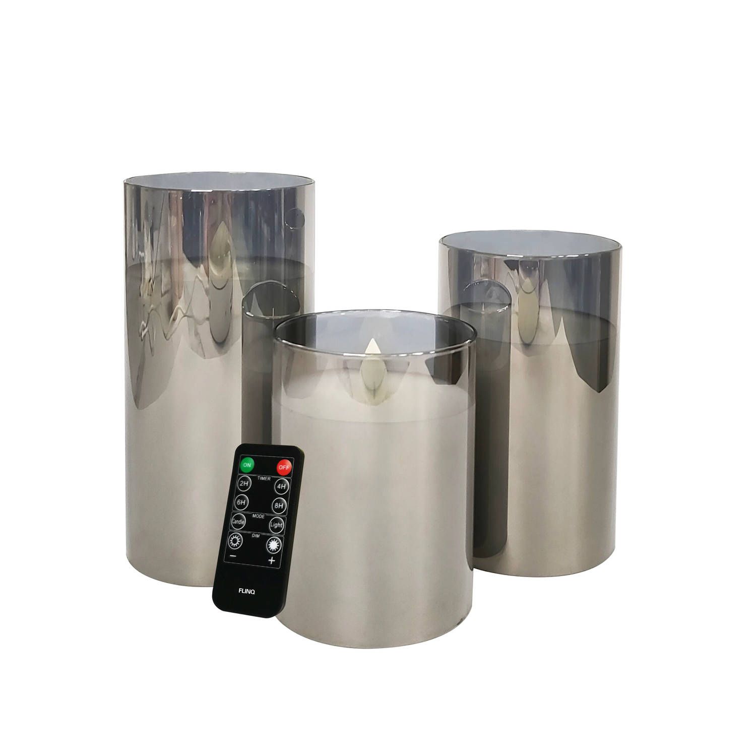 FlinQ Smoked Glass LED Kaarsenset Zilver - 3-delig - Met Afstandsbediening