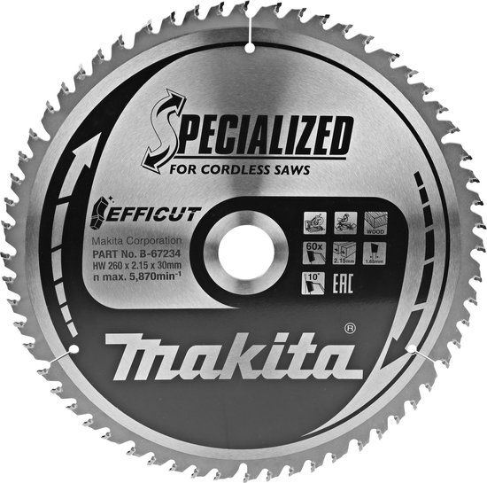 Makita B-67284 Cirkelzaagblad 260 x 30 x 2.15 mm Aantal tanden: 60