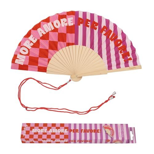 Fisura Originele waaier met het opschrift "More Amore", moderne en kleurrijke houten waaiers, roze handventilator, inclusief hanger, grappig cadeau-idee, 42,5 x 23 cm