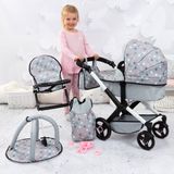 Bayer Design XEO poppenwagenset, met tas, kinderstoel, slaapzak, speelboog, poppenaccessoires, in grijs
