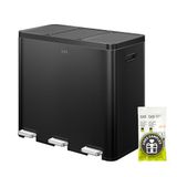 EKO Essential Vuilnisemmer, 3 vakken, 3 x 20 liter, afvalscheidingssysteem, keukenpedaalemmer, inclusief 20 vuilniszakken, grote afvalemmer met deksel, zacht sluiten en luchtdicht, matzwart roestvrij