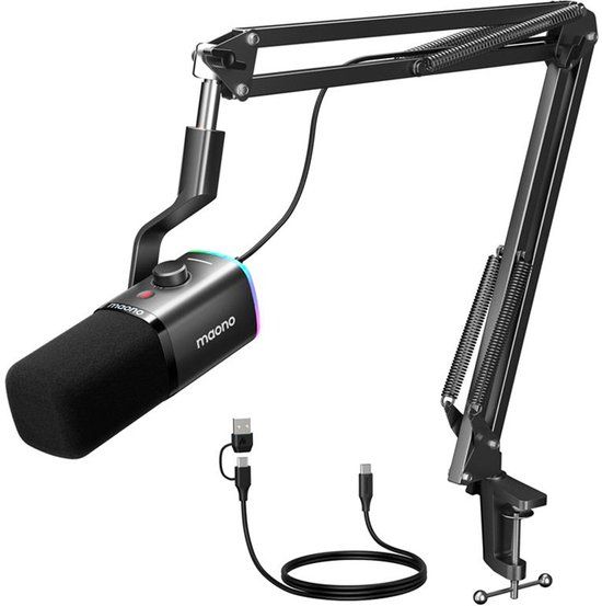 Maono PD100XS - Gaming Microfoon - RGB USB/XLR Dynamische Microfoon met armstandaard, Zwart