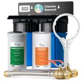 iSpring WGB21B+AH12MN16X2 2-traps waterfiltratiesysteem voor het hele huis met 0,75 inch push-fit gevlochten roestvrijstalen slangconnectoren en kogelkraan, blauw