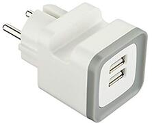 Electraline GummyLine 70071, mini-adapter met 2 USB-poorten, 2,4A-uitgang, met telefoonhouder en veiligheidsstekker, kleur grijs