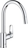 GROHE Keukenmengkraan, chroom, hoge, gebogen uitloop, uittrekbare luchtspuit, 360° draaibaar, doorstroomsbegrenzer, GROHE Start Flow