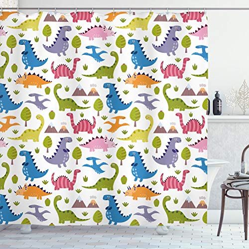 ABAKUHAUS Dino Douchegordijn, Dinosaurs Kleurrijke, stoffen badkamerdecoratieset met haakjes, 175 x 180 cm, Veelkleurig
