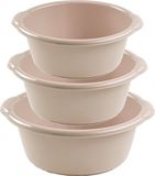 Forte Plastics Voordeelset multifunctionele kunststof ronde teiltjes taupe in 3-formaten - 6-10-15 liter inhoud
