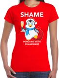 Bellatio Decorations Pinguin Kerstshirt / Kerst t-shirt Shame penguins with champagne rood voor dames - Kerstkleding / Christmas outfit S