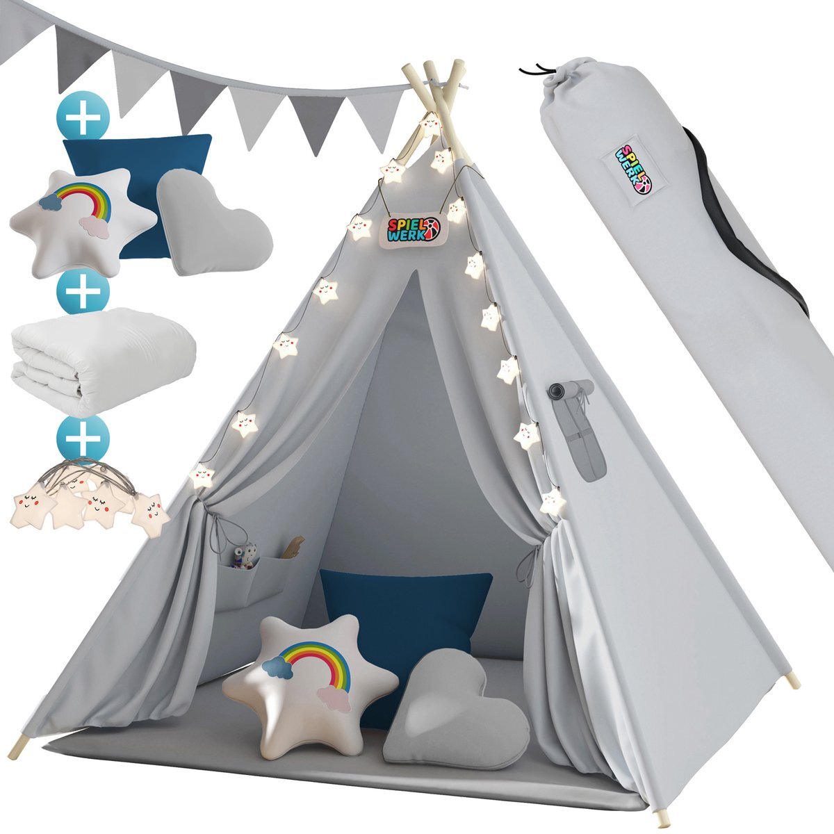 spielwerk Speeltent met 3 Kussens – LED licht - 120x120x160cm – Blauw