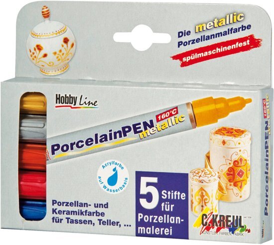 C.Kreul Kreul Porselein Marker Metallic Set - 5 Metallic Kleuren Porcelein stiften Set met 5 metallic porseleinstiften van Duitse kwaliteit