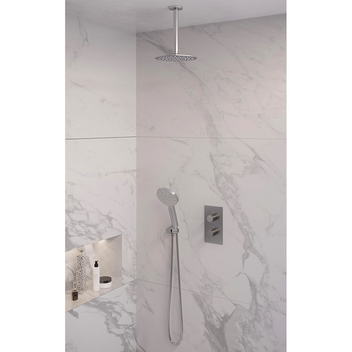 Brauer Regendoucheset 35 Inbouw Muur Brushed Edition 20cm Rond Geborsteld Nikkel PVD 2 Greeps 3-weg met Thermostaatkraan en Handdouche