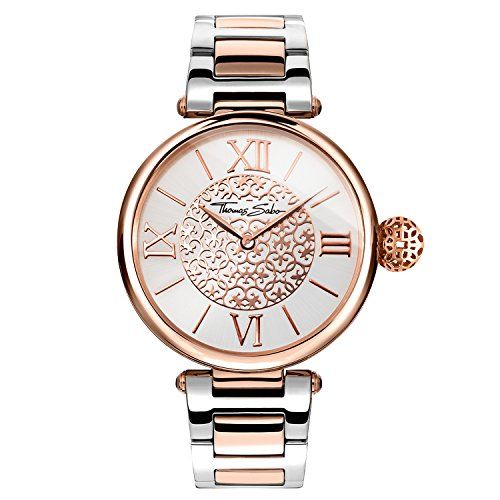 Thomas Sabo Dames polshorloge Glam & Soul Karma Arabesque Bico Romeinse cijfers analoog kwarts roestvrij staal, rosgoud/zilver, 38 mm, armband