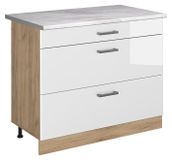 Vicco Keukenonderkast R-Line, Wit Hoogglans/Goudkleurig Eiken, 100 cm marmer werkblad