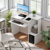 Bureau d'ordinateur avec étagères, plateau clavier, panier, noir et blanc, panneaux de particules