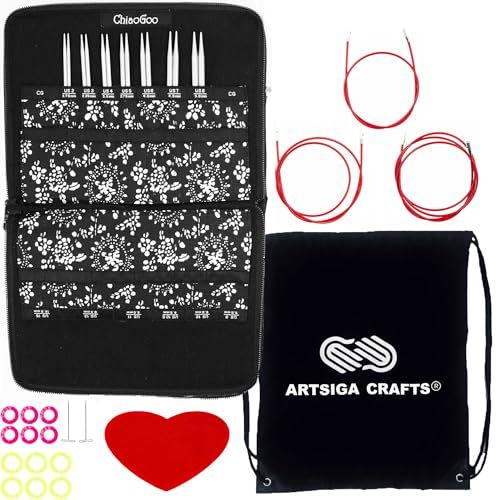 ChiaoGoo Artsiga Crafts 7500-S Set verwisselbare breinaalden van rood kant, 12,7 cm, met 1 zak Artsiga Crafts Project Bag