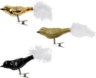 Decoris Kerst vogeltjes - 3x st - op clip - goud/zwart - 8 cm - glas - kerstornamenten