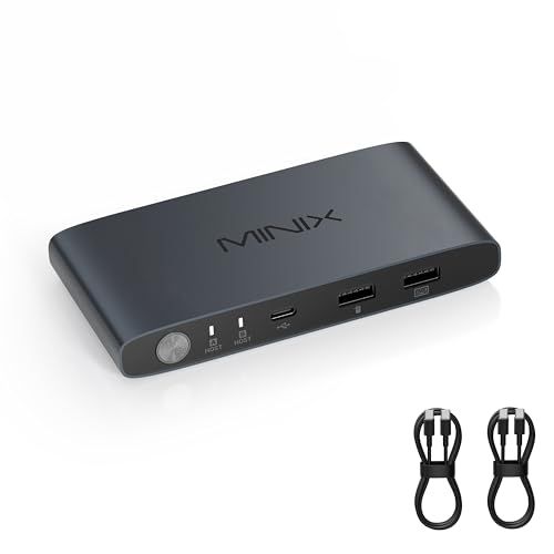 MINIX K1 USB C KVM Switch 1 Monitors 2 Computers, 4K @120Hz HDR, 100W PD 3.0, Dual USB-C Input KVM Switches, Share Keyboard & Mouse, aluminium design, compatibel met Windows, Mac, Linux, Android