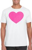 Bellatio Decorations T-shirt voor heren - hartje - wit - roze glitter - S
